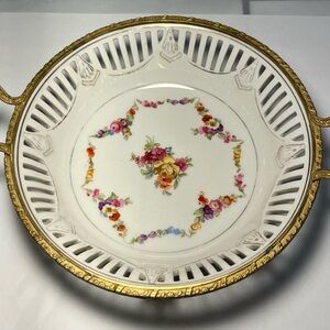 Vintage Elegant Floral Porcelain Serving Bowl with Gold Accents
